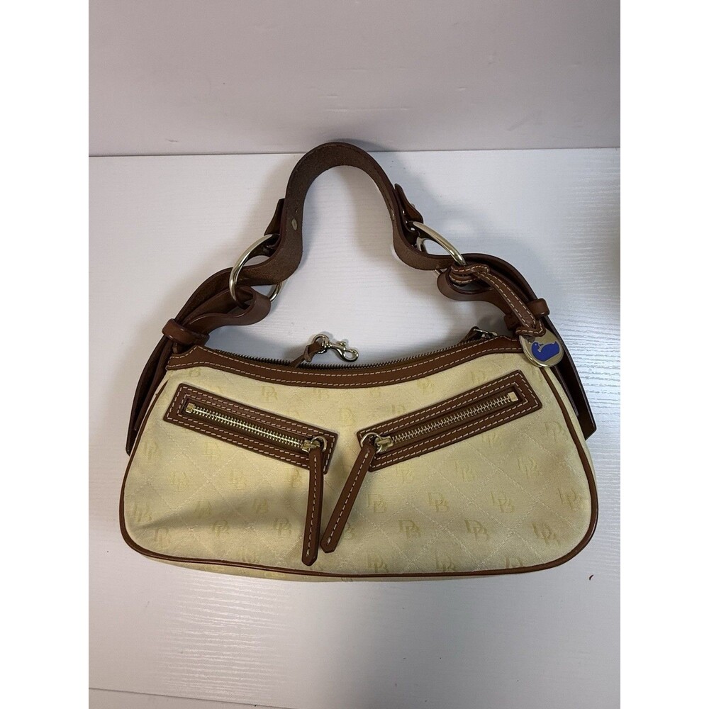 Dooney & Bourke Beige Brown Logo Shoulder Bag with Leather Strap and Zip Accent
